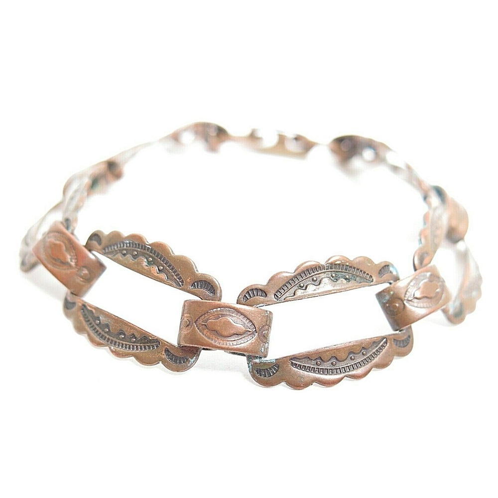 BEAUTIFUL VINTAGE‎ SOUTHWESTERN TOOLED ETCHED DESIGN SOLID COPPER BRACELET 8"